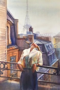 a painting of a woman standing on a balcony looking at the eiffel tower