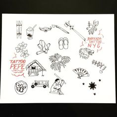 various tattoos are drawn on a piece of paper