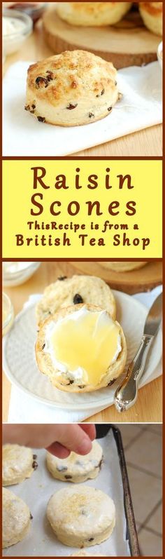 an image of some biscuits and eggs on a plate with the words raisin scones written