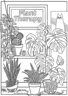 a coloring page with plants in pots and the words plant therapy