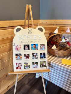 a teddy bear themed baby shower sign with photos on it