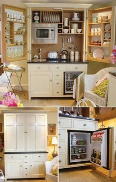 there are pictures of the inside of a kitchen with white cabinets and appliances in it