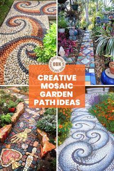 mosaic garden path made out of rocks and stones with text overlay that reads creative mosaic garden path ideas