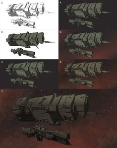 the space ship is shown in four different views, including one with two engines and three without