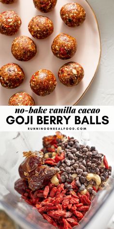 no - bake vanilla cacoa goji berry balls on a white plate