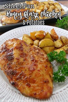 two plates with chicken, potatoes and parsley on them next to the words sheet pan stove glaze chicken and potatoes