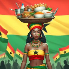 A black Ghanaian girl carrying an array of Ghanaian foods on her head. Representing her culture. Ghana Art Culture, Ghanaian Art, Ghana Aesthetic, Earth Princess, Garage Drawing, Ghanaian Culture, Ghana Art, African Portraits Art