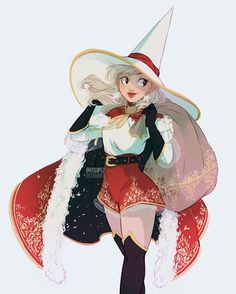 a woman in a witches costume with a large hat on her head and long white hair