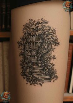 a woman's thigh with a tree and bookshelf tattoo on it