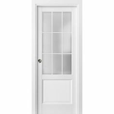 an empty white door with glass panels on the front and side doors, isolated against a white background