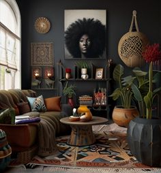 a living room filled with lots of furniture and plants in pots on the wall next to a window