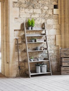 an old ladder leaning against a brick wall with potted plants on the top shelf