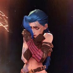 an animated woman with blue hair and tattoos