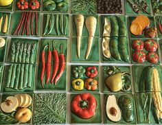 many different fruits and vegetables are arranged in squares