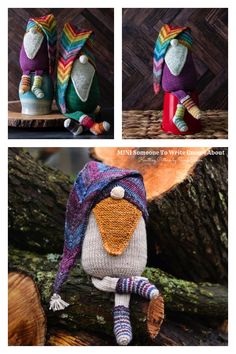 three different pictures of stuffed animals in knitted hats and scarves, sitting on logs