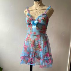 Adorable!! Sheer Blue Floral Nightie With Adjustable Shoulder Straps And Waist Tie. Size M Nwot Bundle And Save!!!! Feminine Blue Sleep Dress, Light Blue Summer Sleepwear, Sleepwear With Ruffles And Spaghetti Straps, Blue Ruffled Sleepwear For Loungewear, Blue Sleepwear For Summer Sleepover, Blue Floral Print Sleepwear, Blue Ruffled Summer Sleepwear, Coquette Ruffled Sleepwear For Bedtime, Coquette Ruffled Sleepwear