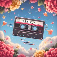 a painting of an old fashioned cassette with flowers surrounding it