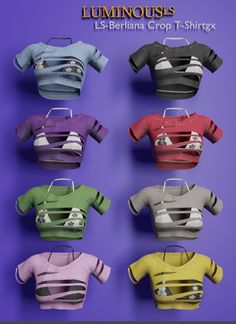 several different colored shirts hanging up against a purple background with the words luminouss written on them