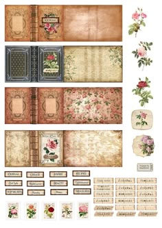 an assortment of papers with flowers and scrolls on them, all in different sizes and colors