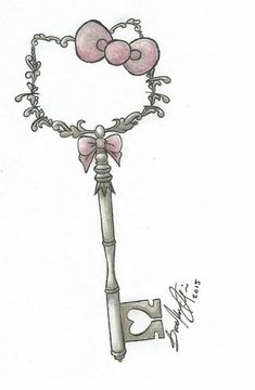 a drawing of a key with pink hearts on it