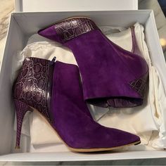 Stunning Violet Purple Leather Booties With A Mix Of Suede And Calf Skin Leather. Worn Several Times But Impeccably Stored With A Never Used Dust Bag. 3.5 Inch Heel. Please Examine Photos Closely For Signs Of Wear - And Ask Any Questions Prior To Purchasing To Ensure You Are Happy With The Condition, Any Wear, Etc. I Am More Than Happy To Answer Questions And Take Videos To Make Sure You Are Fully Satisfied With The Item. The Box Says A European Size 38. Please Look Closely At The Box And Make Y Formal Purple Boots, Designer Purple Leather Heels, Cutout Ankle Boots, Classic Punk, Chloe Boots, Sock Ankle Boots, Burgundy Boots, Buckle Booties, Studded Ankle Boots