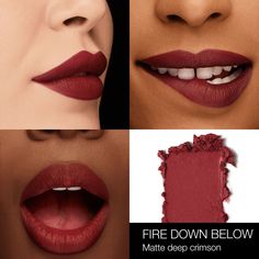 Lightweight lipstick formula in matte, satin, and sheer finishes that delivers vibrant color with a hydrating feel. Matte deep crimson. Matte finish. LIPSTICK. Deep Red Lipsticks, Pink Lip Color, Fall Lipstick, Nars Lipstick, Red Lip Color, Makeup Books, Berry Lips, Lip Palette, Nars Makeup