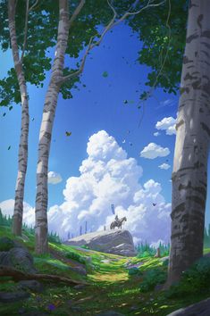 an anime scene with the sky and trees in the foreground, one person on a horse