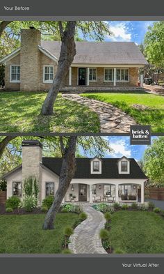 before and after pictures of a house in the front yard, with landscaping on both sides