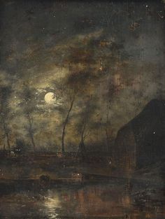 a painting with trees in the background and a full moon on the sky above it