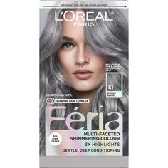 With L'Oreal Feria permanent hair color, what you see is the shimmer. Multi-Faceted shimmering color with 3X highlights delivers intensified, brilliant results. Inspired by fashion, Feria offers a twist on the traditional and gives edgy hair color - from bright red, platinum blonde, rose gold, metallic brown, to blue black hair color, these hair dye kits will transform your hair. Feria's prismatic color spectrum is custom-blended by L'Oreal master colorists for bold, head-turning shades – no app Feria Hair Color, Ash Gray Hair Color, Good Hairstyles, Blue Black Hair Color, Silver Hair Dye, Loreal Hair Color, Edgy Hair Color, Κούρεμα Bob, Loreal Hair