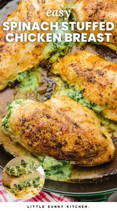 spinach stuffed chicken breast in a cast iron skillet