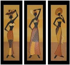 three paintings of women with hats on their heads, one wearing a dress and the other in