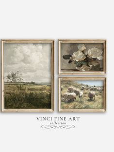 three paintings depicting sheep grazing in a field