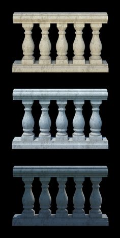 three white marble balconies with different sizes and shapes on black background, each one in the same color