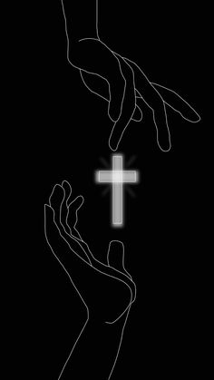 two hands reaching towards a cross on a black background