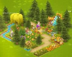 an animated garden with lots of plants and animals in the grass, surrounded by trees