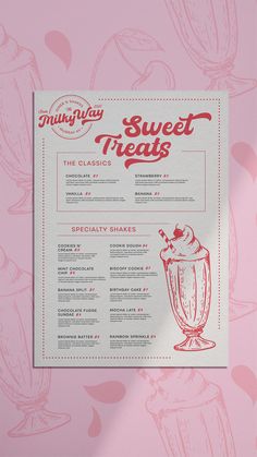 the menu for an ice cream shop is shown on a pink background with red and white designs