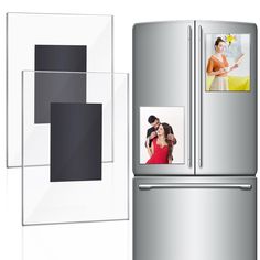 a silver refrigerator freezer sitting next to a wall with pictures on the door and in between