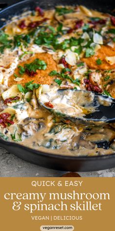 creamy mushroom and spinach skillet with text overlay