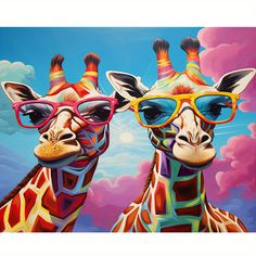 two giraffes with glasses on their heads and clouds in the sky behind them