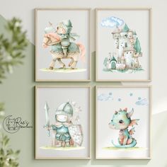 four pictures of children's artwork hanging on the wall