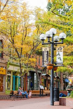 people sitting on benches in front of shops and trees with autumn foliages around them