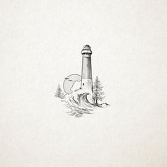 a drawing of a lighthouse on top of a hill with waves coming up from it