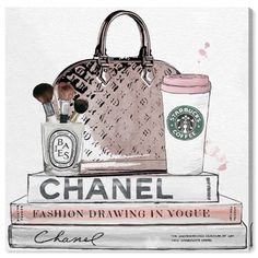 a drawing of a purse, coffee cup and cosmetics on top of books