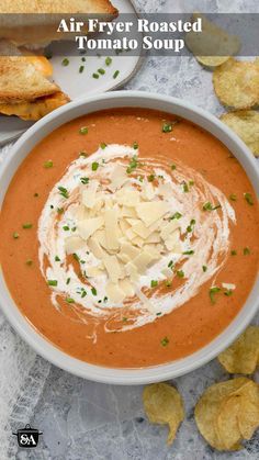 Overhead view of a bowl of Air Fryer Roasted Tomato Soup. Air Fryer Roasted Tomato Soup, Soup For Two, Easy Homemade Tomato Soup, Roast Tomatoes, Air Fryer Roast, Tomato Soup Homemade, Food Soup, Roasted Tomato Soup, Summer Produce