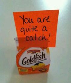 a sign that says you are quite a catch on top of an orange and white box