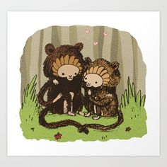 two monkeys sitting next to each other in the woods with hearts on their backs art print