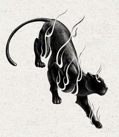 a black and white drawing of a cat with long hair on it's tail