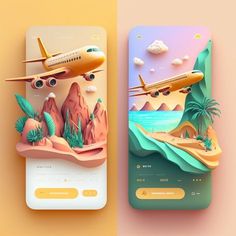 two mobile phone screens with an airplane flying over the mountains and trees on them, one is