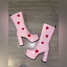 Sold Out Pink & Red Heart Boots. Personally I Think They Fit Like A 6.5. Small Scuff On Toe, Trying To Get Off Pink Gogo Boots, Platform Boots Pink, Heart Shaped Platform Boots, Pink Heart Cowboy Boots, Heart Platforms Boots, Pink Platform Boots, Dolls Kill Shoes, Gogo Boots, Dolls Kill